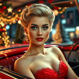 A young woman from the 1950s, elegant and sweet, sitting inside a vintage red convertible in a Christmas-themed environment with retro-futuristic design inspired by the 1950s