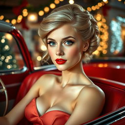 A young woman from the 1950s, elegant and sweet, sitting inside a vintage red convertible in a Christmas-themed environment with retro-futuristic design inspired by the 1950s