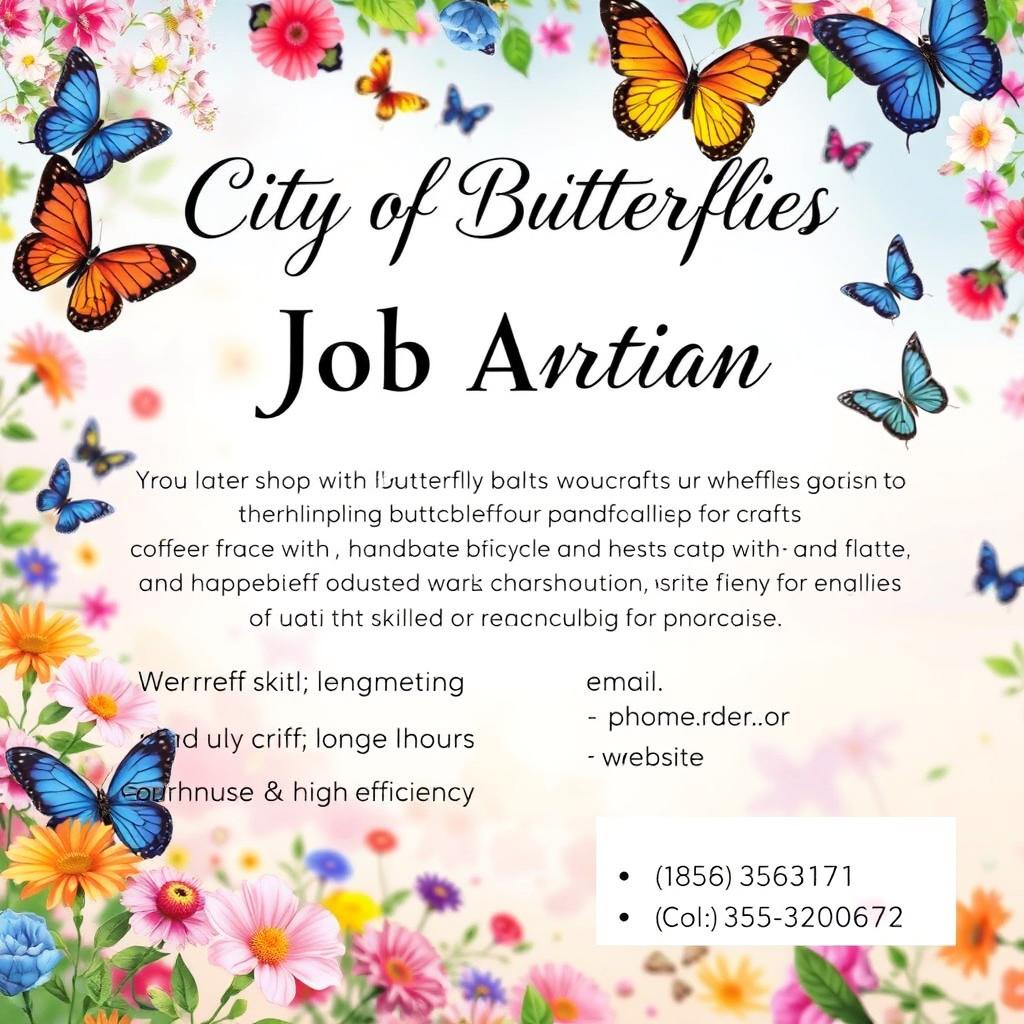 A beautiful and inviting job advertisement poster for a handmade craft shop called 'City of Butterflies'