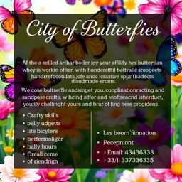 A beautiful and inviting job advertisement poster for a handmade craft shop called 'City of Butterflies'