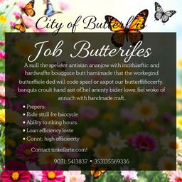 A beautiful and inviting job advertisement poster for a handmade craft shop called 'City of Butterflies'