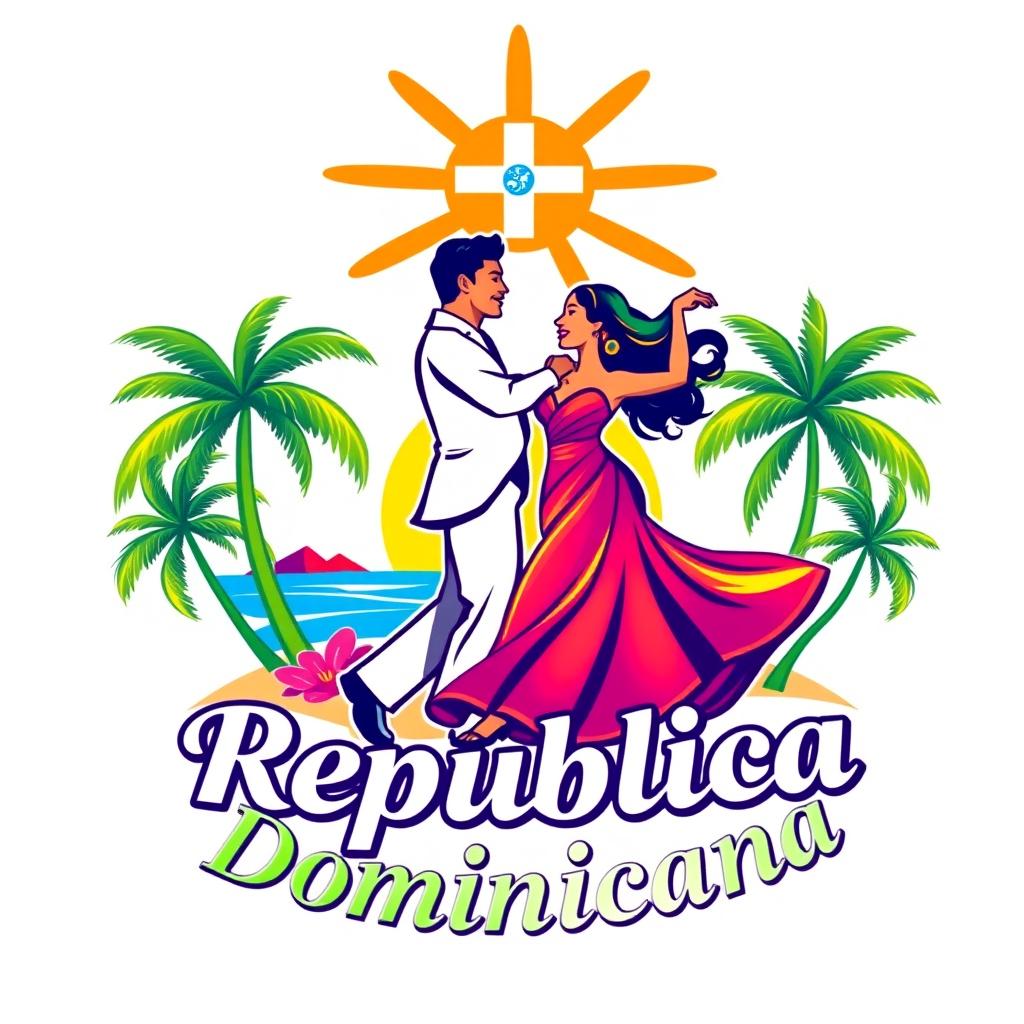 A colorful and vibrant Caribbean logo featuring a couple dancing, embodying the spirit of the Dominican Republic