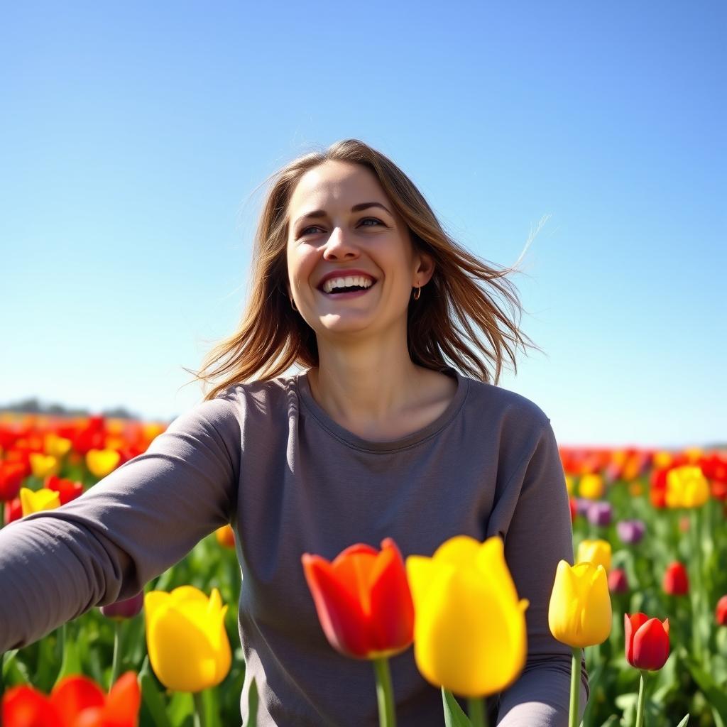 A 38-year-old woman smiling happily in a vibrant field of colorful tulips, wearing a comfortable casual long-sleeve blouse