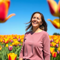 A 38-year-old woman smiling happily in a vibrant field of colorful tulips, wearing a comfortable casual long-sleeve blouse