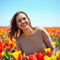 A 38-year-old woman smiling happily in a vibrant field of colorful tulips, wearing a comfortable casual long-sleeve blouse
