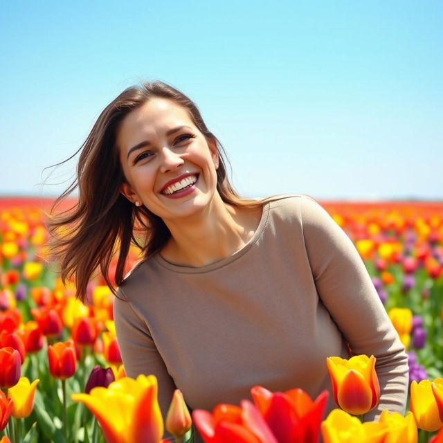 A 38-year-old woman smiling happily in a vibrant field of colorful tulips, wearing a comfortable casual long-sleeve blouse