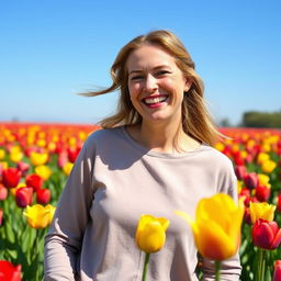 A 38-year-old woman smiling happily in a vibrant field of colorful tulips, wearing a comfortable casual long-sleeve blouse
