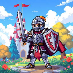 A knight character in pixel art style, wearing shining armor with intricate details, holding a sword and shield, standing proudly in a vibrant fantasy setting
