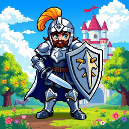 A knight character in pixel art style, wearing shining armor with intricate details, holding a sword and shield, standing proudly in a vibrant fantasy setting