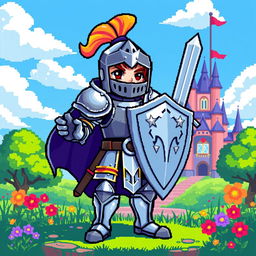 A knight character in pixel art style, wearing shining armor with intricate details, holding a sword and shield, standing proudly in a vibrant fantasy setting