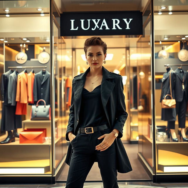 A fashionable individual standing confidently in front of a luxury shop, wearing a stylish outfit that showcases modern trends