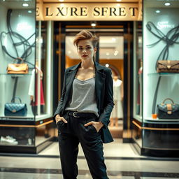 A fashionable individual standing confidently in front of a luxury shop, wearing a stylish outfit that showcases modern trends