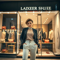 A fashionable individual standing confidently in front of a luxury shop, wearing a stylish outfit that showcases modern trends