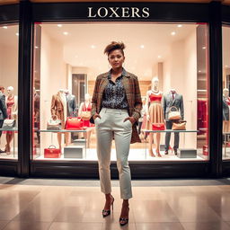 A fashionable individual standing confidently in front of a luxury shop, wearing a stylish outfit that showcases modern trends
