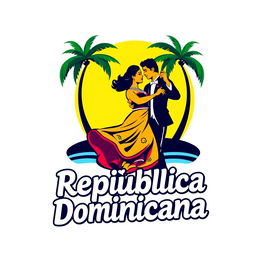 A vibrant and colorful Caribbean logo featuring a couple dancing, embodying the lively spirit of the Dominican Republic