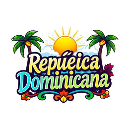 A vibrant and colorful Caribbean logo featuring the text 'República Dominicana'