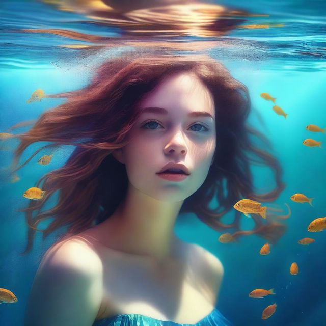 This is a vibrant, high-quality digital art image featuring a girl with brown hair submerged in the ocean