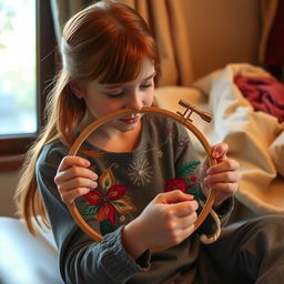A girl with reddish-brown hair meticulously embroidering a hoop with beautiful, intricate designs