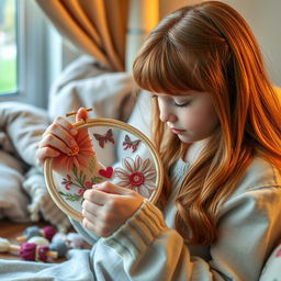 A girl with reddish-brown hair meticulously embroidering a hoop with beautiful, intricate designs