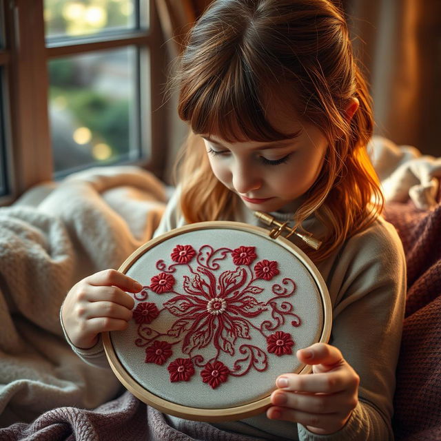 A girl with reddish-brown hair meticulously embroidering a hoop with beautiful, intricate designs