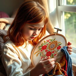 A girl with reddish-brown hair meticulously embroidering a hoop with beautiful, intricate designs