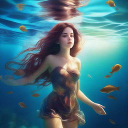 This is a vibrant, high-quality digital art image featuring a girl with brown hair submerged in the ocean