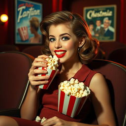 A 1950s girl enjoying popcorn in a movie theater, exuding a playful and alluring charm