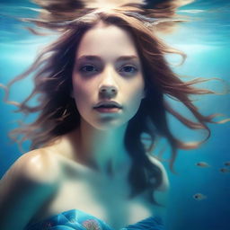 This is a vibrant, high-quality digital art image featuring a girl with brown hair submerged in the ocean