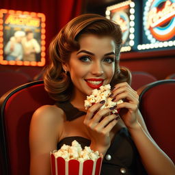 A 1950s girl enjoying popcorn in a movie theater, exuding a playful and alluring charm