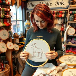 A woman with reddish-brown hair carefully embroidering a hoop in her shop named 'The White Ink'