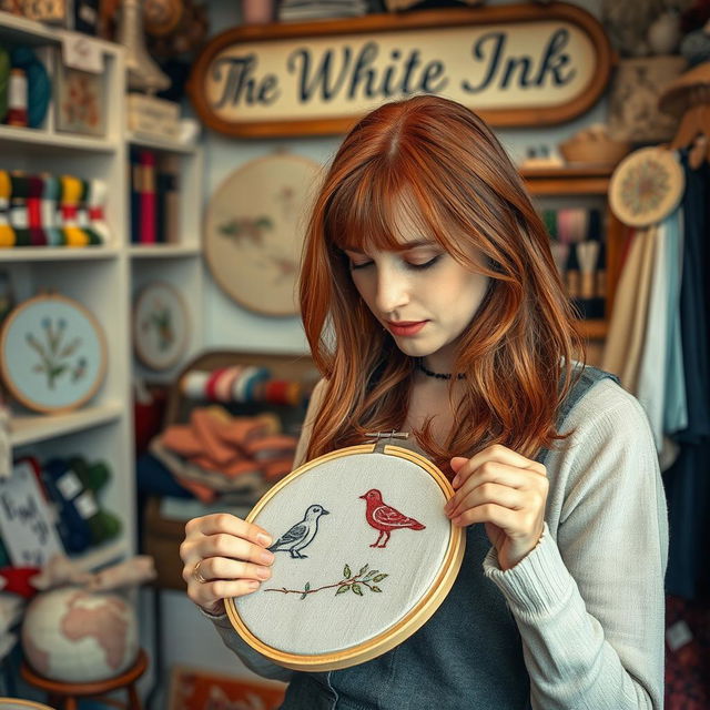 A woman with reddish-brown hair carefully embroidering a hoop in her shop named 'The White Ink'