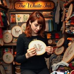 A woman with reddish-brown hair carefully embroidering a hoop in her shop named 'The White Ink'