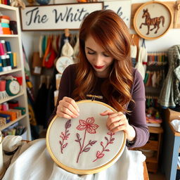 A woman with reddish-brown hair carefully embroidering a hoop in her shop named 'The White Ink'