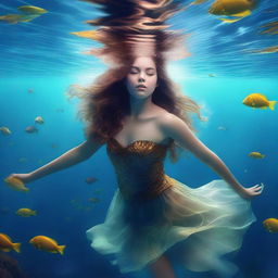 This is a vibrant, high-quality digital art image featuring a girl with brown hair submerged in the ocean