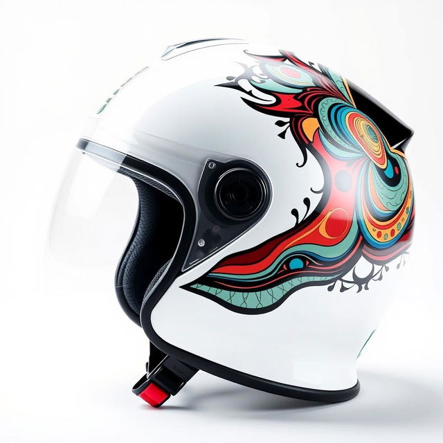 A stylish white helmet featuring a unique and colorful design