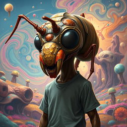 A surreal creature design featuring a humanoid head resembling an ant's head, complete with large, multifaceted eyes and mandibles