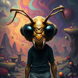A surreal creature design featuring a humanoid head resembling an ant's head, complete with large, multifaceted eyes and mandibles