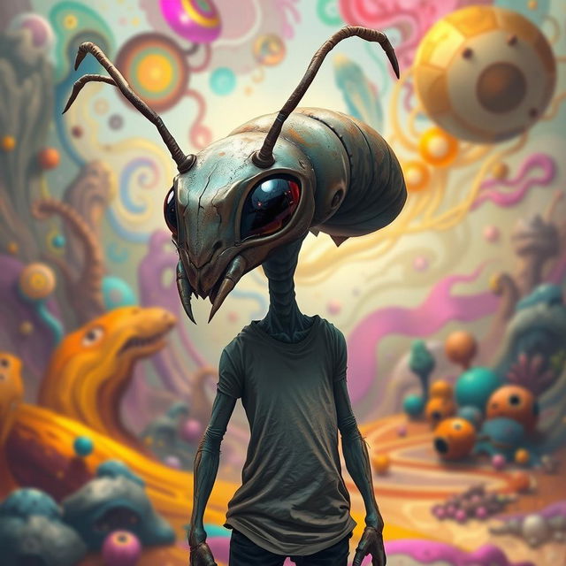 A surreal creature design featuring a humanoid head resembling an ant's head, complete with large, multifaceted eyes and mandibles