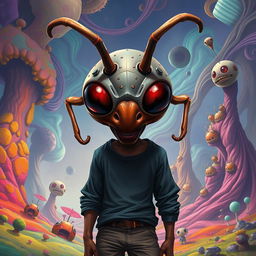 A surreal creature design featuring a humanoid head resembling an ant's head, complete with large, multifaceted eyes and mandibles