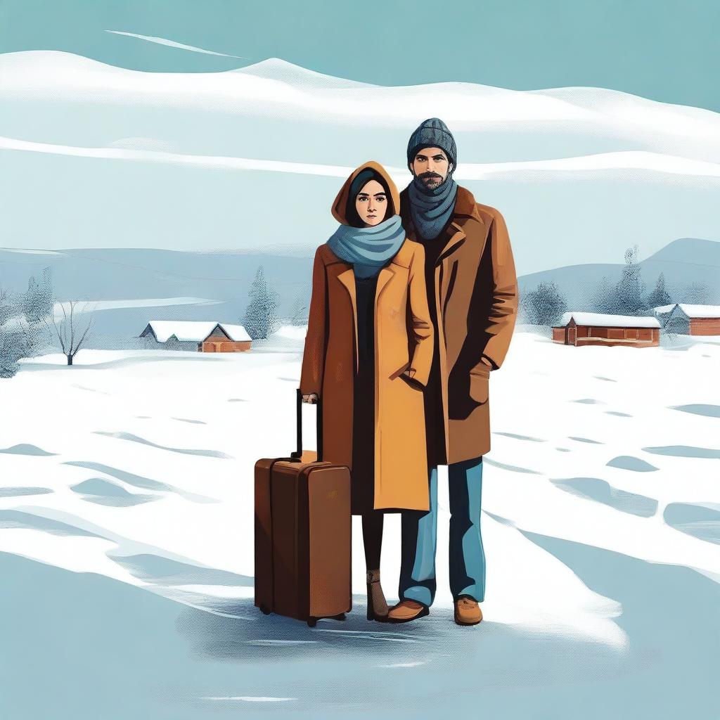 A high-quality digital art piece portraying a couple, a man and his wife, standing in the snowy landscape of the USA