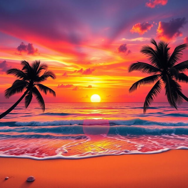 A vibrant, high-definition image showcasing a breathtaking sunset over a serene beach