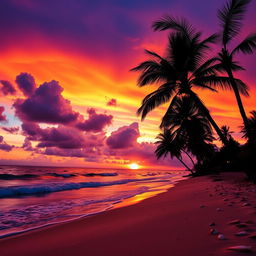 A vibrant, high-definition image showcasing a breathtaking sunset over a serene beach