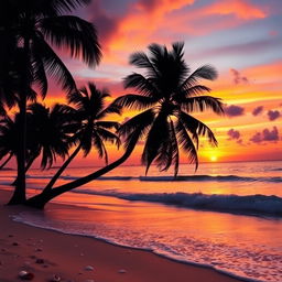 A vibrant, high-definition image showcasing a breathtaking sunset over a serene beach