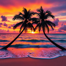 A vibrant, high-definition image showcasing a breathtaking sunset over a serene beach