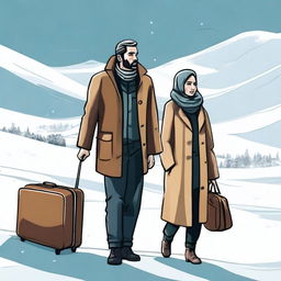 A high-quality digital art piece portraying a couple, a man and his wife, standing in the snowy landscape of the USA