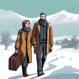 A high-quality digital art piece portraying a couple, a man and his wife, standing in the snowy landscape of the USA