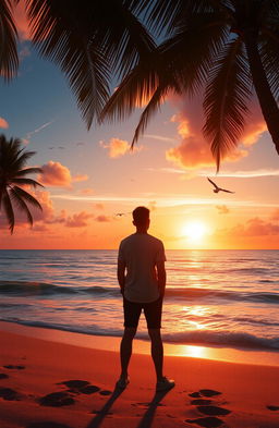 A serene scene depicting the concept of departure, featuring a beautifully lit sunset over a calm ocean, with gentle waves lapping at a sandy beach