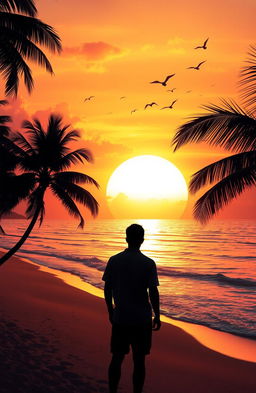A serene scene depicting the concept of departure, featuring a beautifully lit sunset over a calm ocean, with gentle waves lapping at a sandy beach