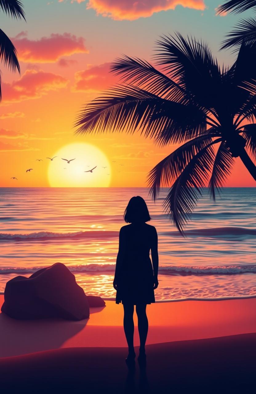 A serene scene depicting the concept of departure, featuring a beautifully lit sunset over a calm ocean, with gentle waves lapping at a sandy beach