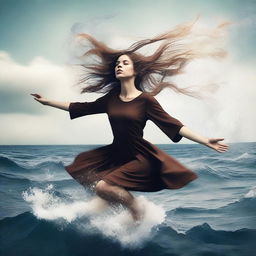 A high-resolution digital art image that captures a unique scene of a girl with brown hair in the ocean, positioned as if she is falling through the air